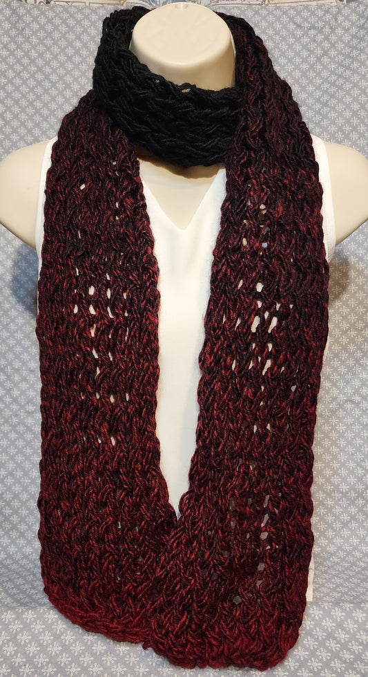 Finger Knitted Scarf | Keep warm with this red and black scarf. 