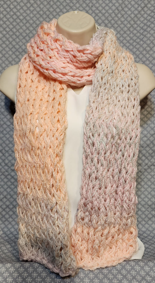 Warm and soft, Shades of Light Pink Finger Knitted Scarf. 81" Long